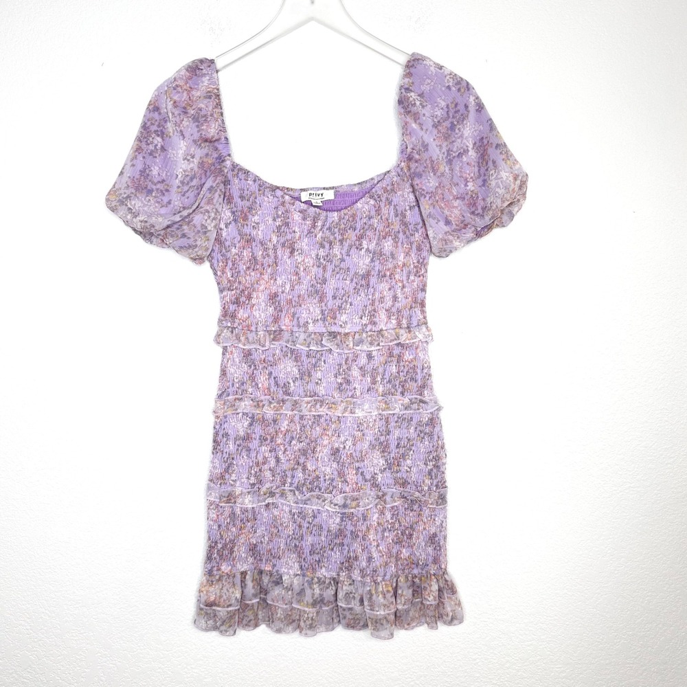 Privy Smocked Puff Sleeve Floral Mini Dress Size Small Lilac Purple Coquette‎